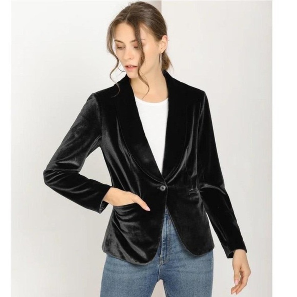 Allegra K Women Medium Back Shawl Collar Single Button Velvet Blazer Corp Goth
